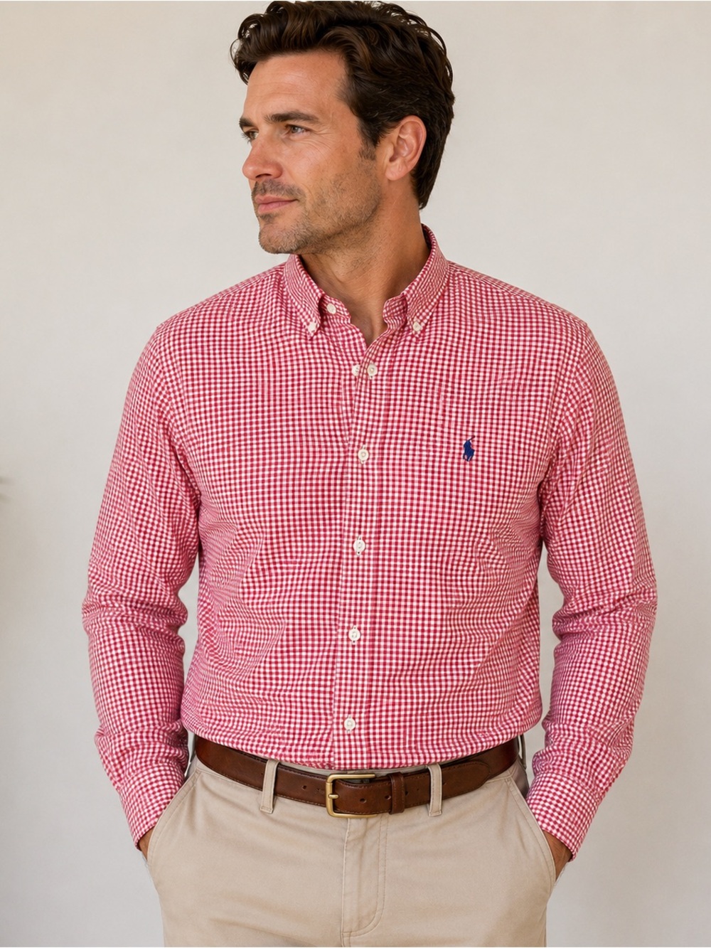 Ralph Lauren Men’s Medium Red White Gingham Check Button Down Shirt Pony Logo